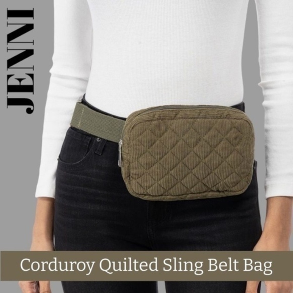 JENNI Quilted Corduroy Top Zip Sling Bag BeltBag/Belt Bag Olive Green-Size S/M